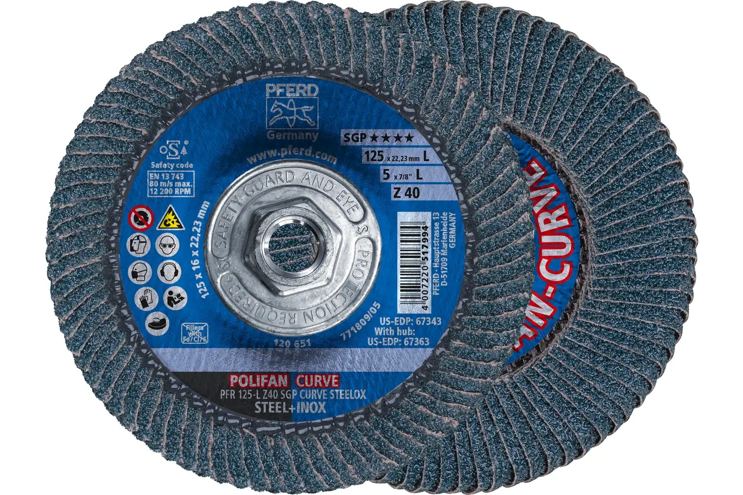 Picture of Pferd Flap Disc, 5" x 5/8-11, Z SGP Curve Steelox, 40 Grit, Large Radius, Zirconia